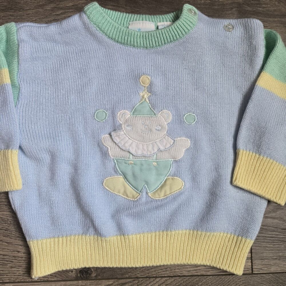 Vintage Bright Future Baby 6/9 Mos Knit Sweater Pastel Clown Teddy Bear 80s 90s